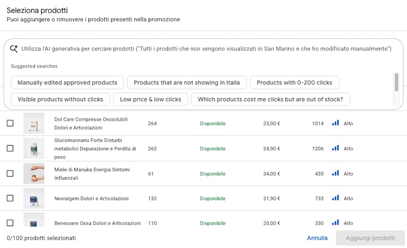 promozioni google merchant selezione prodotti