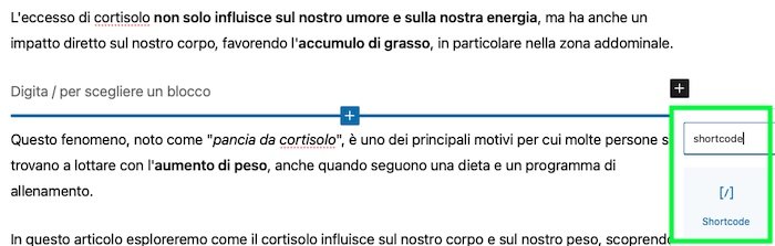 inserimento di uno shortcode su wordpress con gutenberg