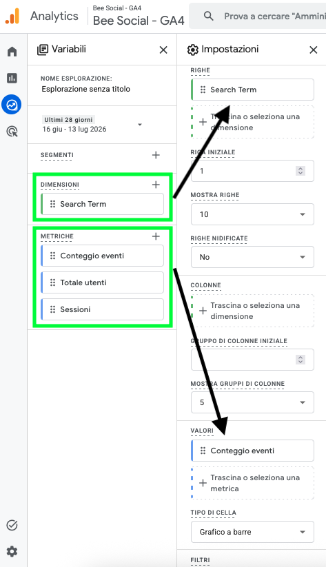 Esplora su Analytics 4 formato libero per vedere le parole cercate in un sito