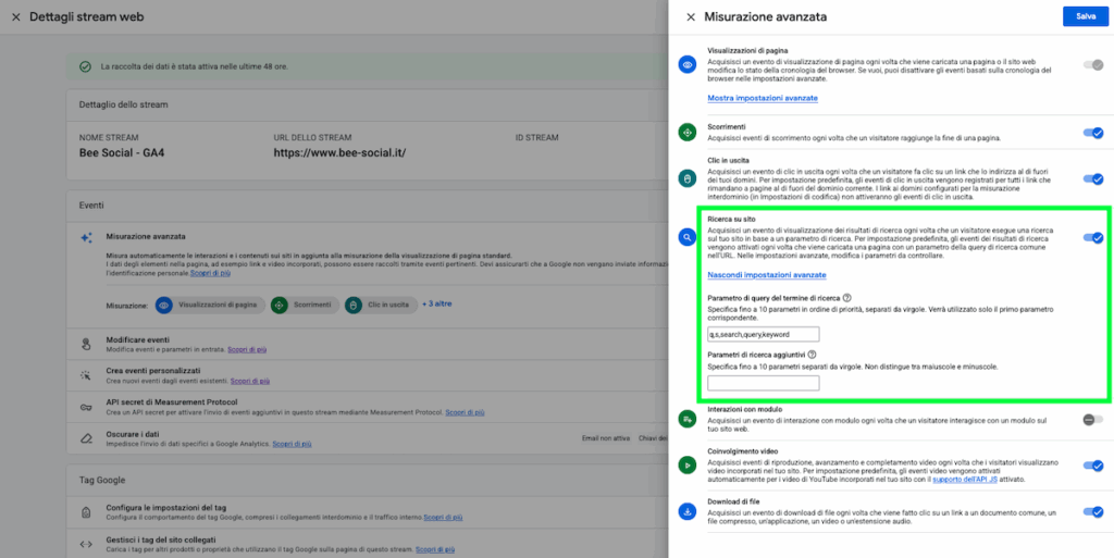 attivazione statistiche campo cerca di un sito su google analytics 4