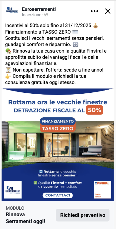 un annuncio meta ads settore serramenti